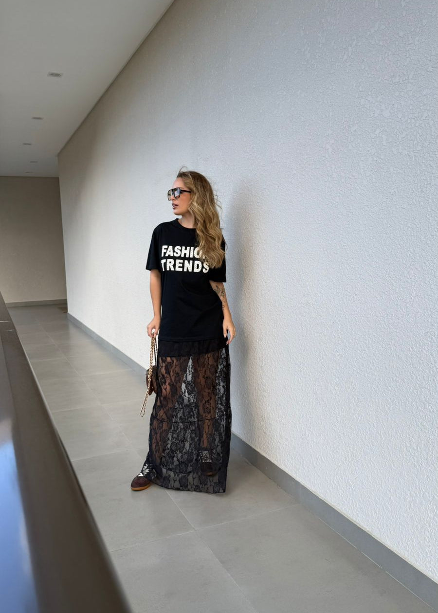 Saia de Renda Longa com Forro Feminina